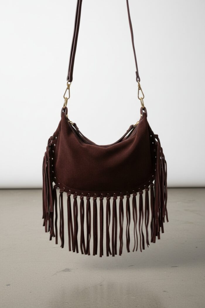 Borsa in pelle scamosciata con frange