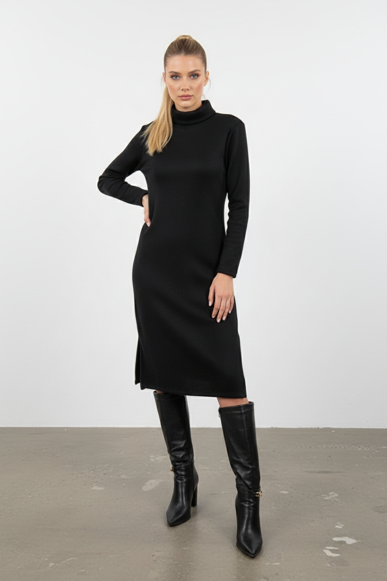 ABI-6569-NERO-20251203110308 Abito Midi in Maglia a Collo Alto con Spacchi Laterali